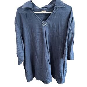 Abrazo Style Linen Blend Tunic Women SZ 1X Dusty Blue Pockets Breezy Beach Wear